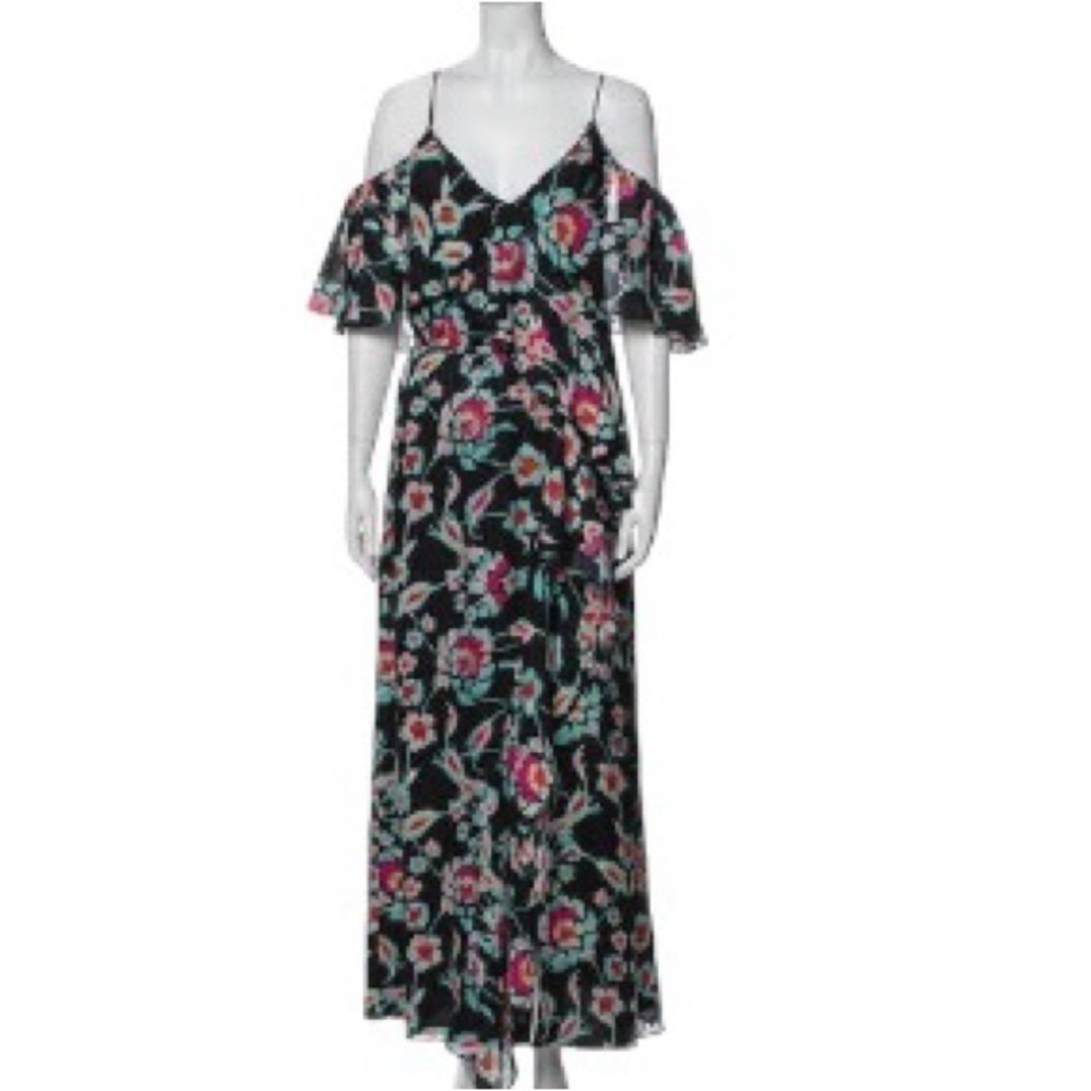 Tanya Taylor Loreda Maxi Dress Size 6 Black Silk Floral Print